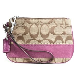 COACH Signature Legacy Stripe Small Wristlet Wallet Khaki Berry F45608